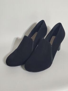 Madeline Stuart Black Suede-Look Slip-On Block Heel Pumps Size 10